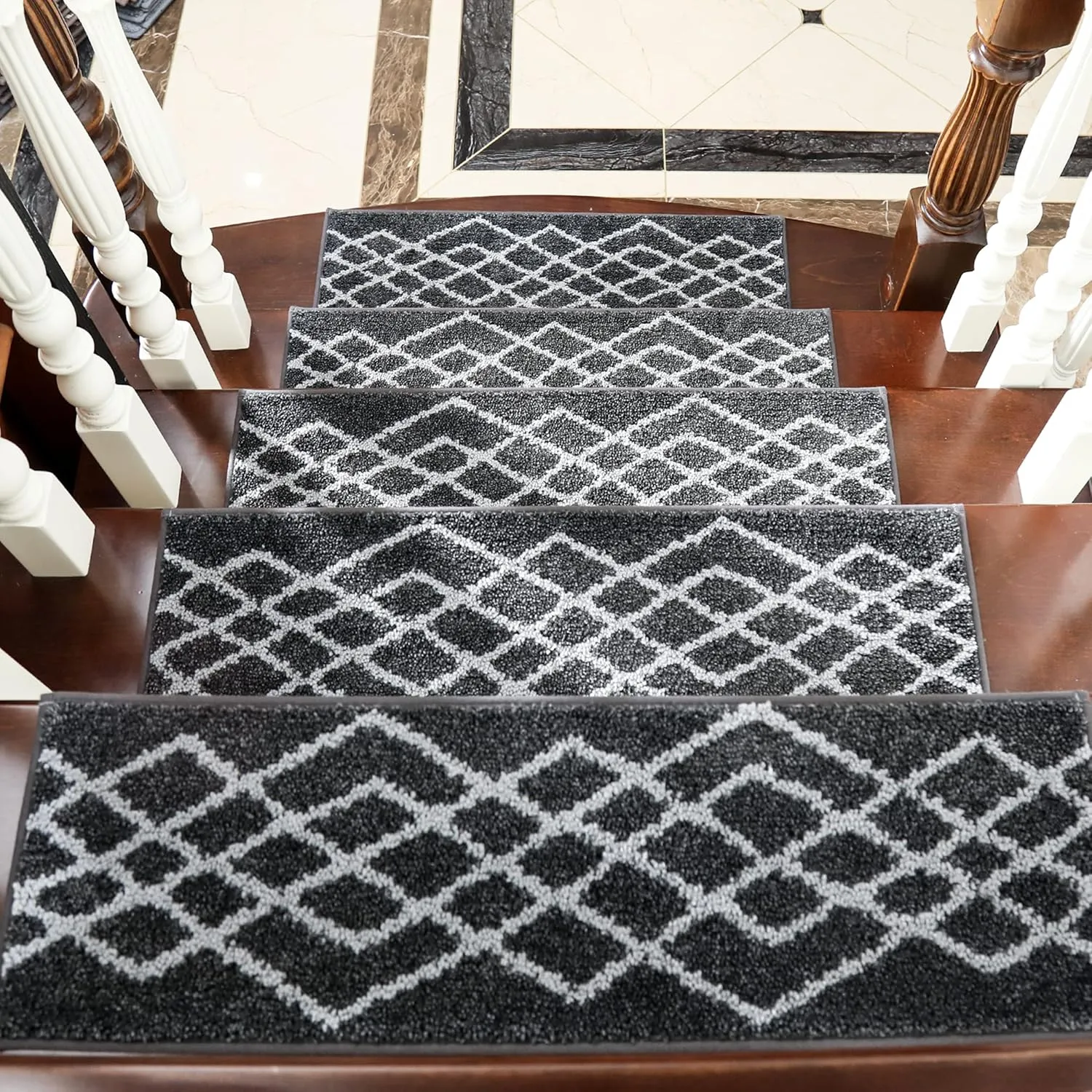 COSY HOMEER Soft Stair Treads Non-Slip Carpet Mat 28inX9in Indoor Stair Runners for Wooden Steps,Stair Rugs for Kids and Dogs, 100% Polyester TPE Backing 4pcs,Black,Rhombus
