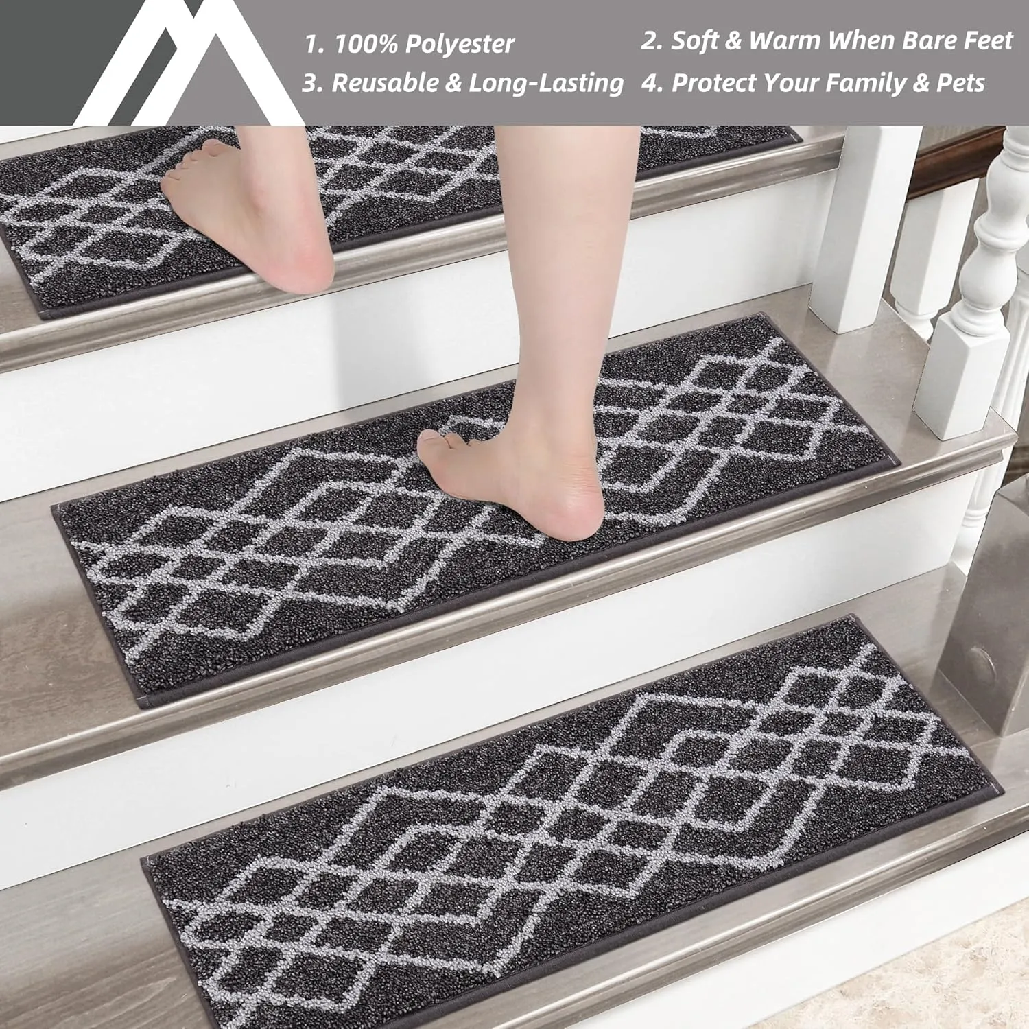 COSY HOMEER Soft Stair Treads Non-Slip Carpet Mat 28inX9in Indoor Stair Runners for Wooden Steps,Stair Rugs for Kids and Dogs, 100% Polyester TPE Backing 4pcs,Black,Rhombus
