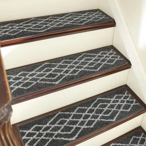 COSY HOMEER Soft Stair Treads Non-Slip Carpet Mat 28inX9in Indoor Stair Runners for Wooden Steps,Stair Rugs for Kids and Dogs, 100% Polyester TPE Backing 4pcs,Black,Rhombus