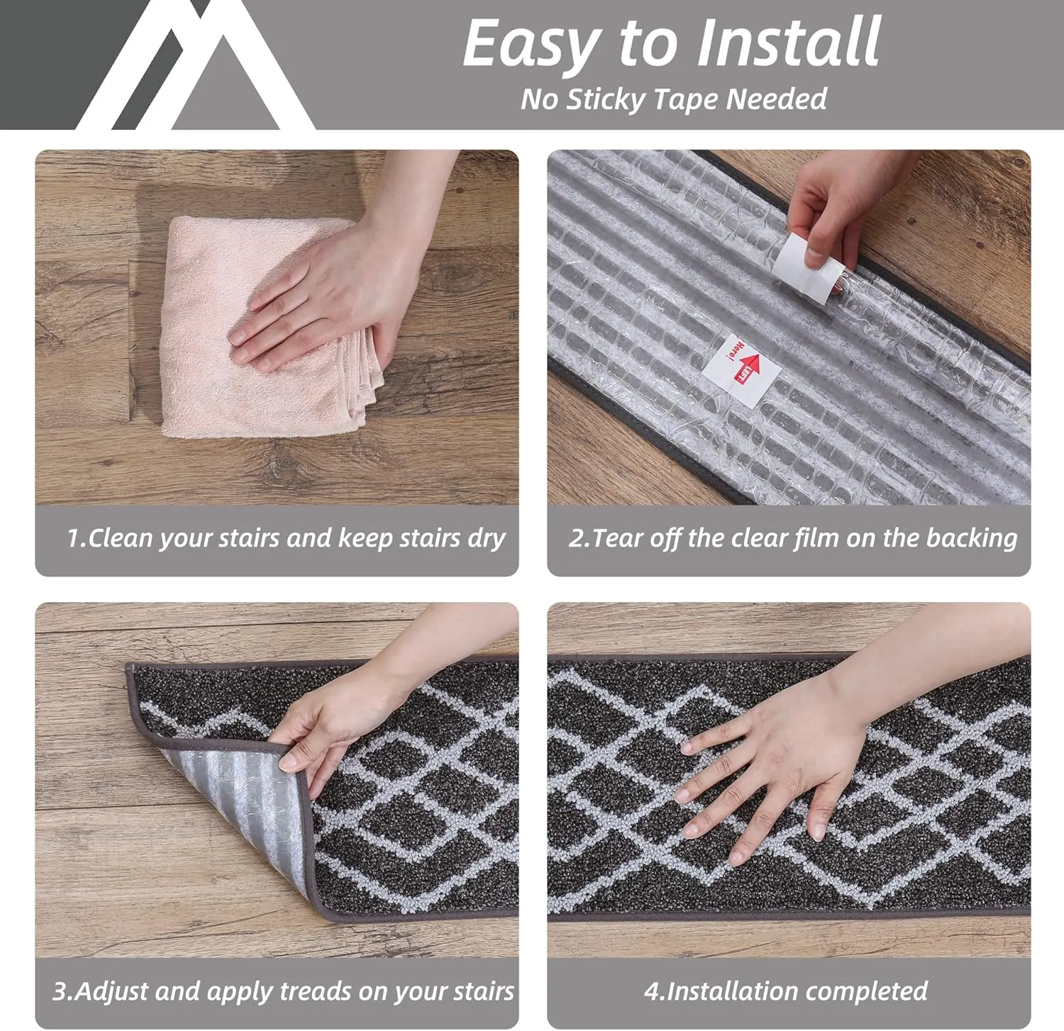 COSY HOMEER Soft Stair Treads Non-Slip Carpet Mat 28inX9in Indoor Stair Runners for Wooden Steps,Stair Rugs for Kids and Dogs, 100% Polyester TPE Backing 4pcs,Black,Rhombus
