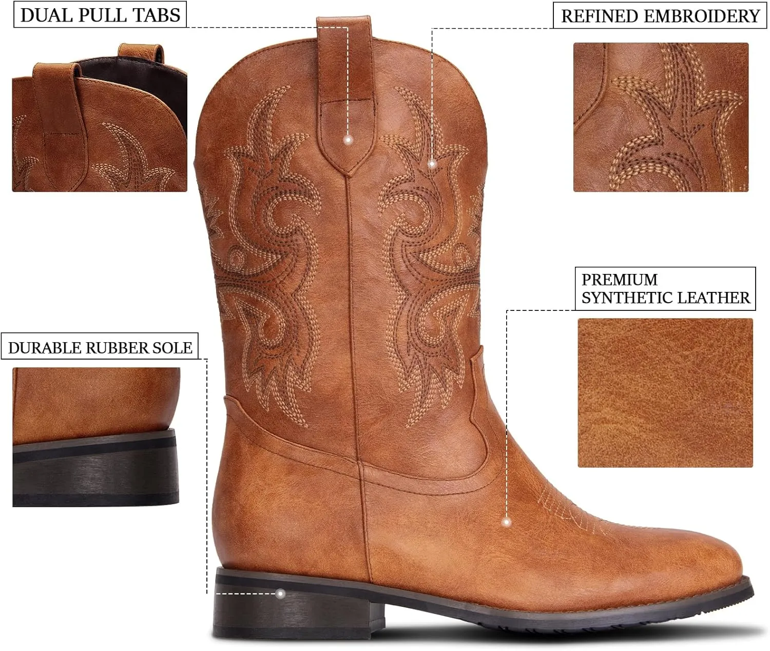Cowboy Boots for Men Western Boots with Classic Embroidered Square Toe Men's Cowboy Boot Traditional Western Boots Chunky Heel Country Boot Durable Work Boots