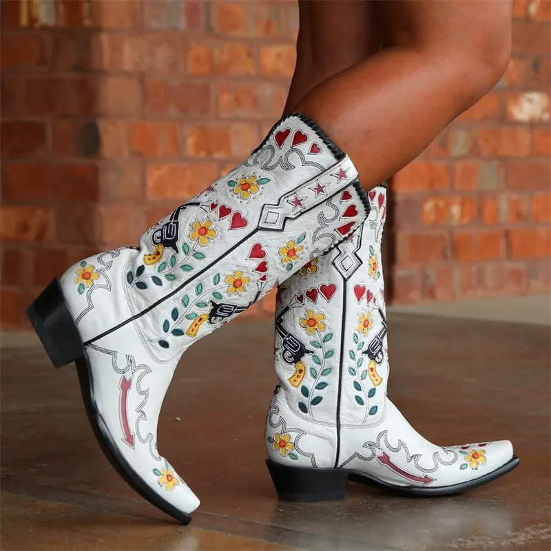 Cowboy Boots For Women, Cute Bluebonnet Floral Embroidered Fashion Country Boots Pointed Toe Chunky Heel Wide Calf Fancy Comfortable Pu Leather, Cowgirl Boots