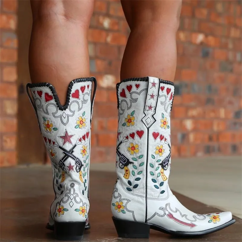 Cowboy Boots For Women, Cute Bluebonnet Floral Embroidered Fashion Country Boots Pointed Toe Chunky Heel Wide Calf Fancy Comfortable Pu Leather, Cowgirl Boots