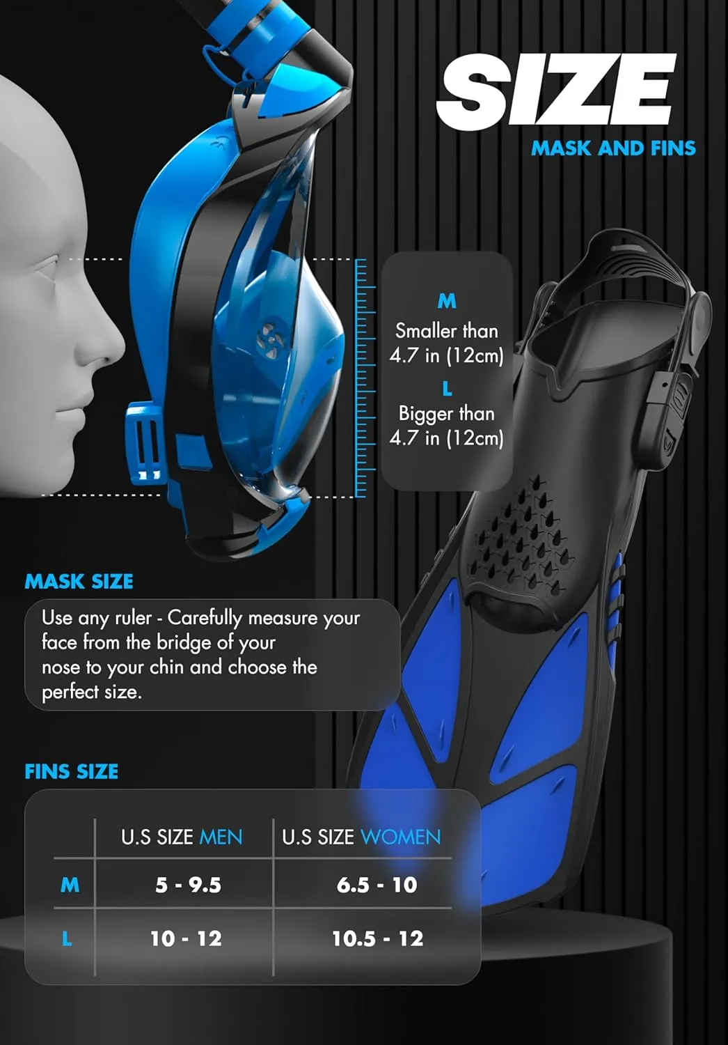COZIA DESIGN Snorkeling Gear for Adults with Fins - Full Face Snorkel Mask and Swim Fins, 180° Panoramic View Snorkel Mask, Anti Fog and Anti Leak Adult Snorkel Set