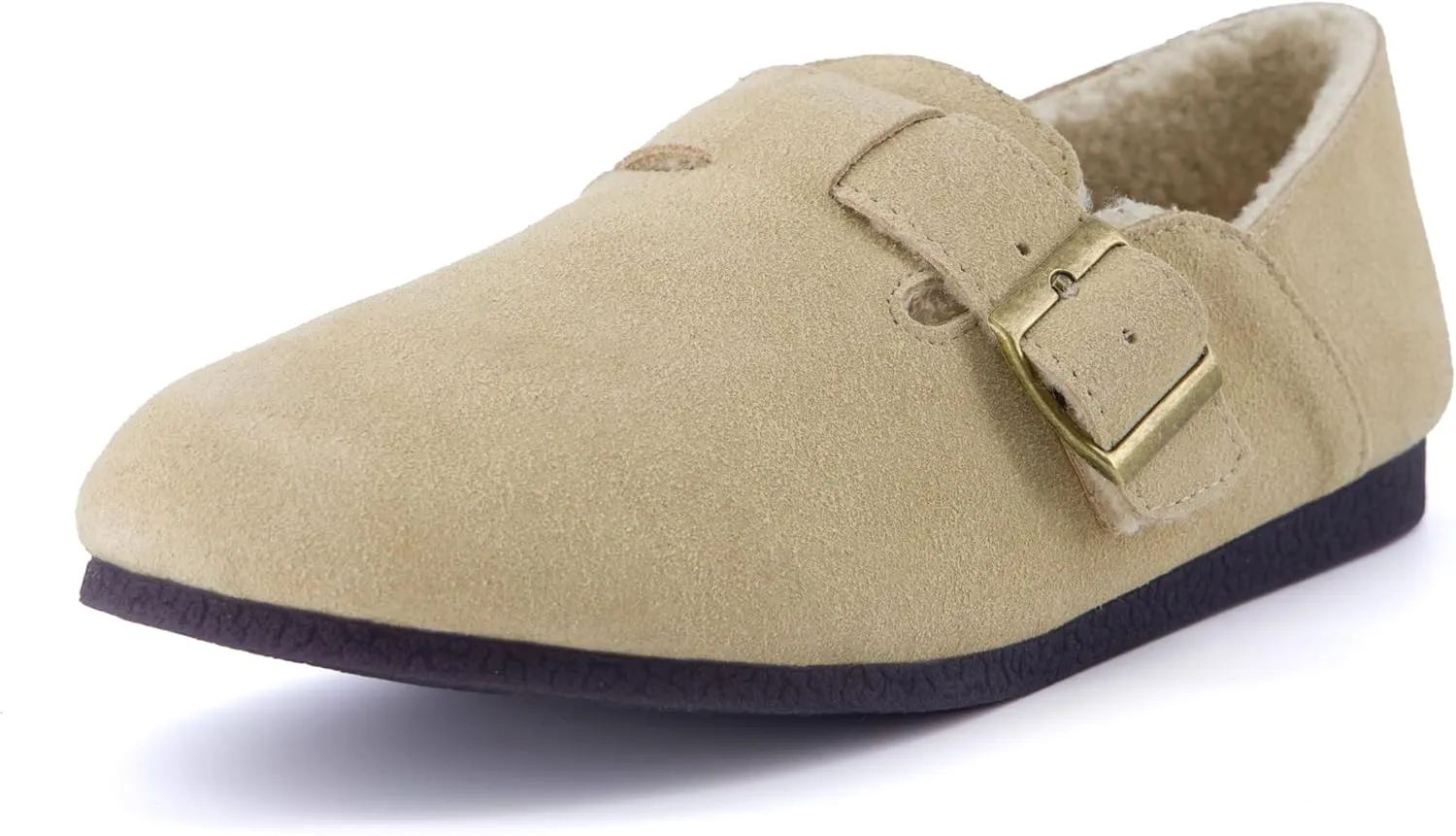 CUSHIONAIRE Women's Nest Genuine Suede Slip-On Shoe with Faux Shearling Lining & Memory Foam | Adjustable Buckle & Non-Slip Sole