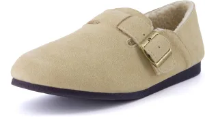 CUSHIONAIRE Women's Nest Genuine Suede Slip-On Shoe with Faux Shearling Lining & Memory Foam | Adjustable Buckle & Non-Slip Sole