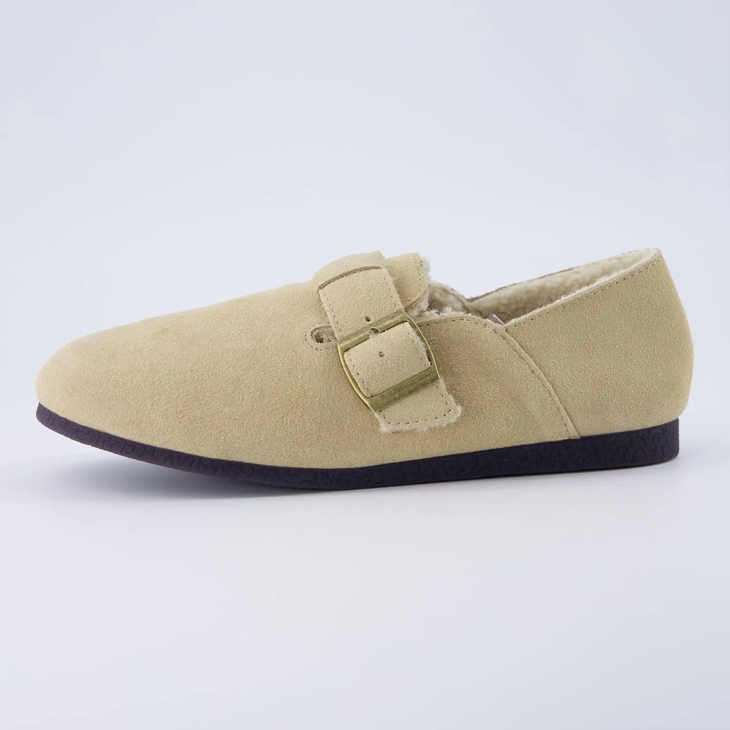 CUSHIONAIRE Women's Nest Genuine Suede Slip-On Shoe with Faux Shearling Lining & Memory Foam | Adjustable Buckle & Non-Slip Sole