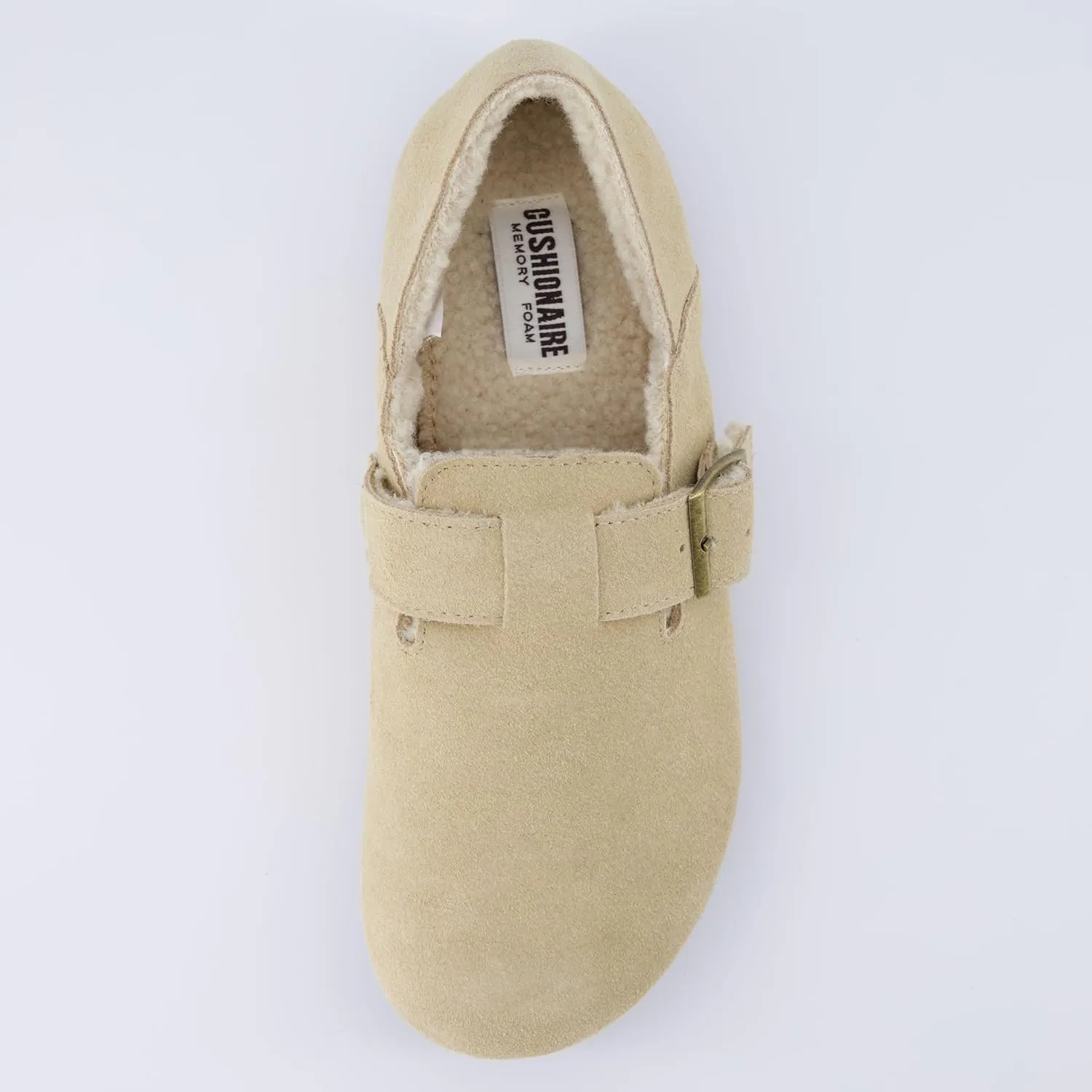 CUSHIONAIRE Women's Nest Genuine Suede Slip-On Shoe with Faux Shearling Lining & Memory Foam | Adjustable Buckle & Non-Slip Sole