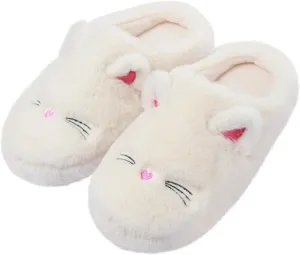 Cute Cat Slippers for Women, Soft Plush House Slippers with Memory Foam, Warm Indoor House Shoes Bedroom Non-Slip Shoes Slip-On Slippers