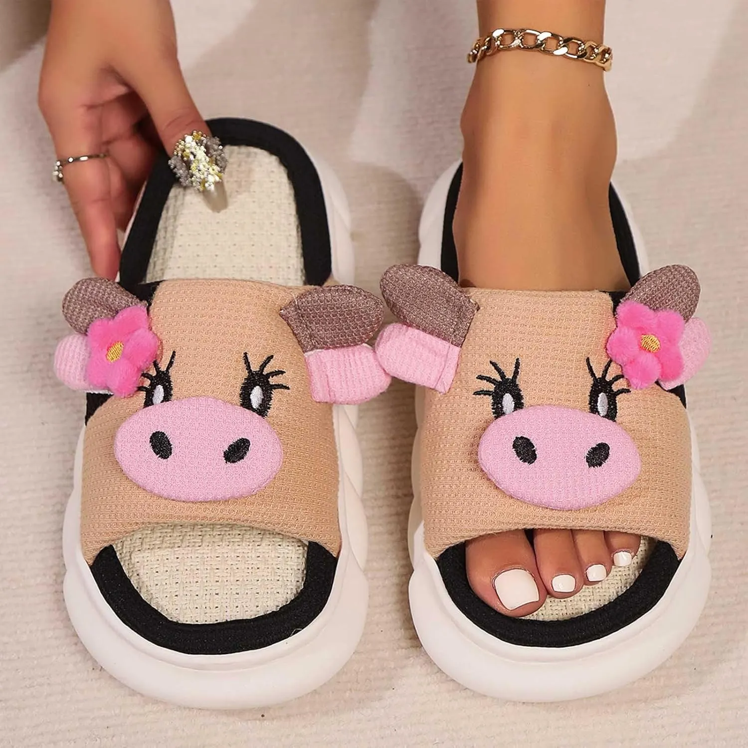 Cute Cow Slippers for Women, Indoor House Slippers, Platform Sole