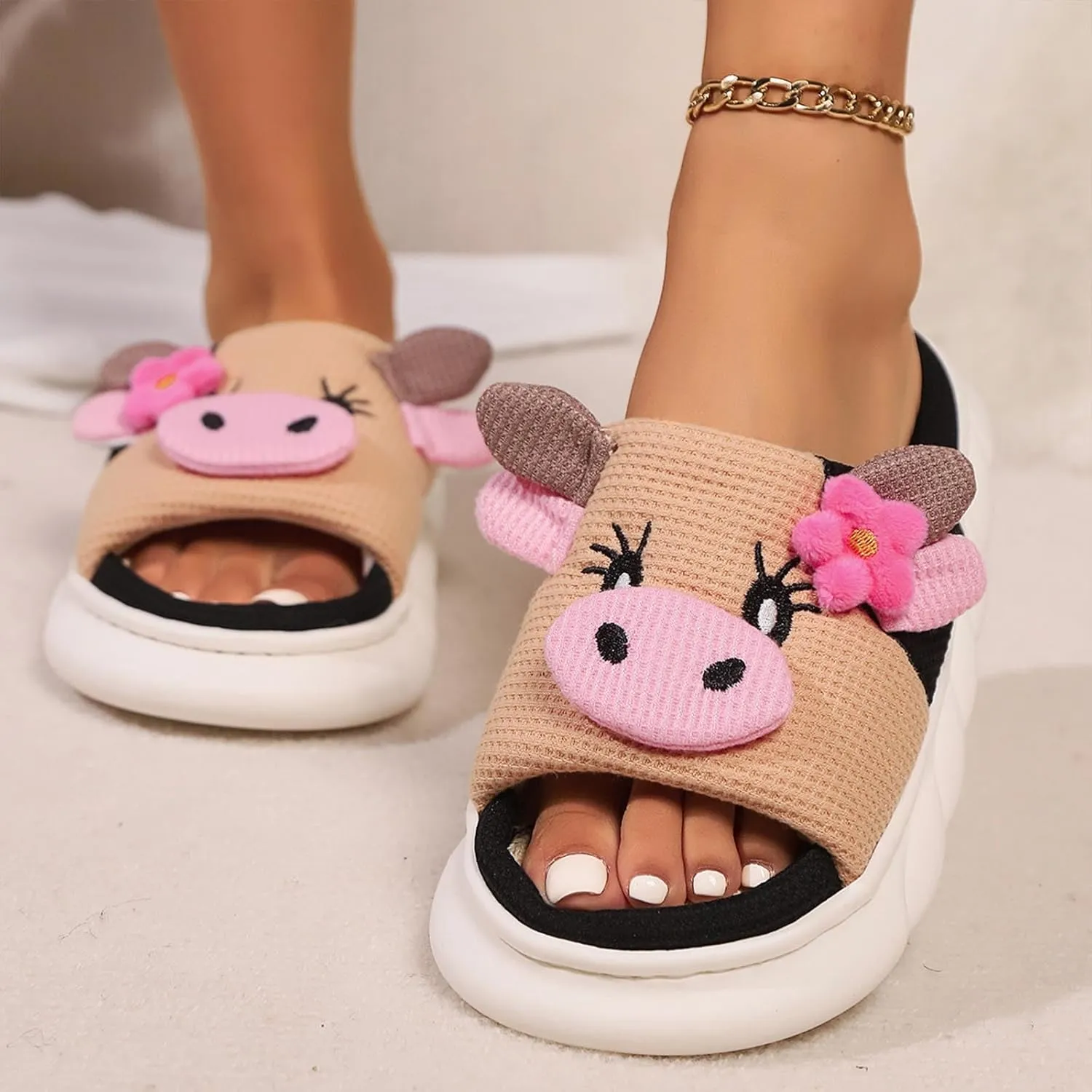 Cute Cow Slippers for Women, Indoor House Slippers, Platform Sole