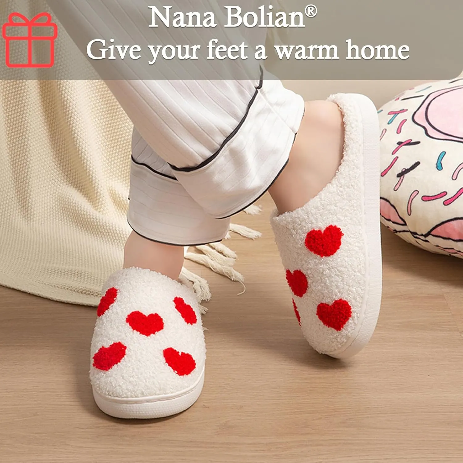 Cute Heart Slippers for Women Men,White Soft Curly Indoor Slippers,Polar Fleece Lined,Cozy House Indoor Outdoor Shoes，Mother's Day Gift