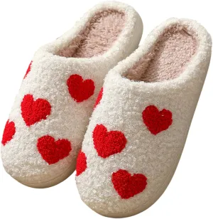 Cute Heart Slippers for Women Men,White Soft Curly Indoor Slippers,Polar Fleece Lined,Cozy House Indoor Outdoor Shoes，Mother's Day Gift