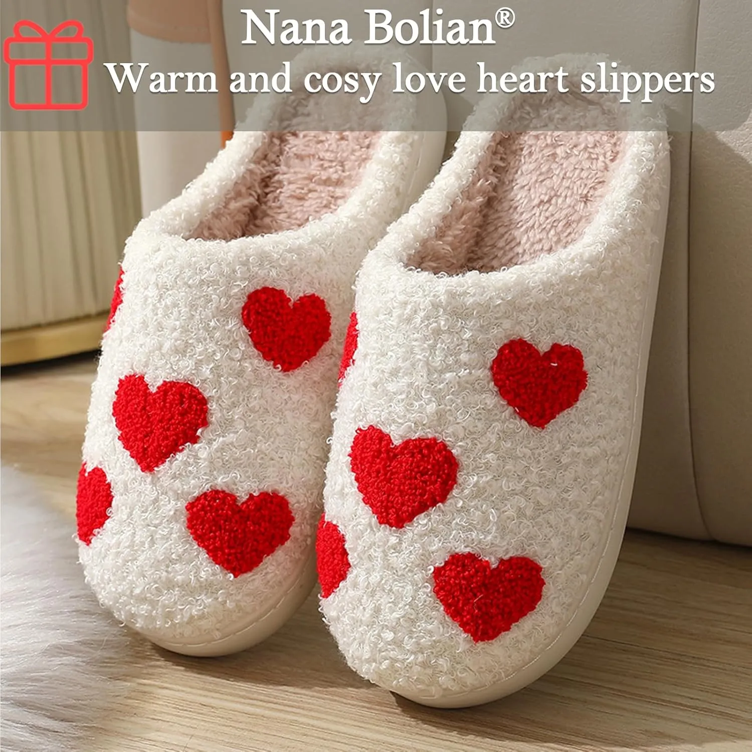 Cute Heart Slippers for Women Men,White Soft Curly Indoor Slippers,Polar Fleece Lined,Cozy House Indoor Outdoor Shoes，Mother's Day Gift