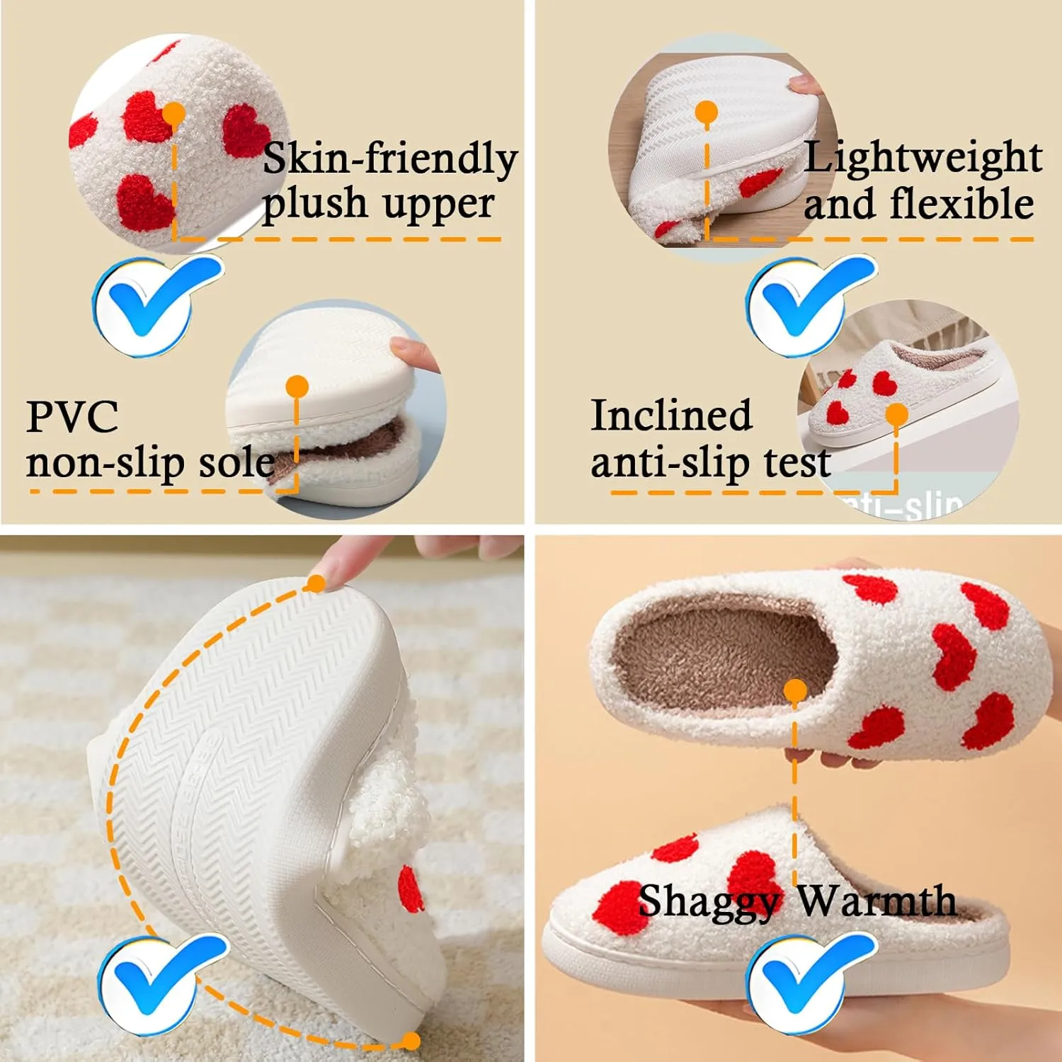 Cute Heart Slippers for Women Men,White Soft Curly Indoor Slippers,Polar Fleece Lined,Cozy House Indoor Outdoor Shoes，Mother's Day Gift
