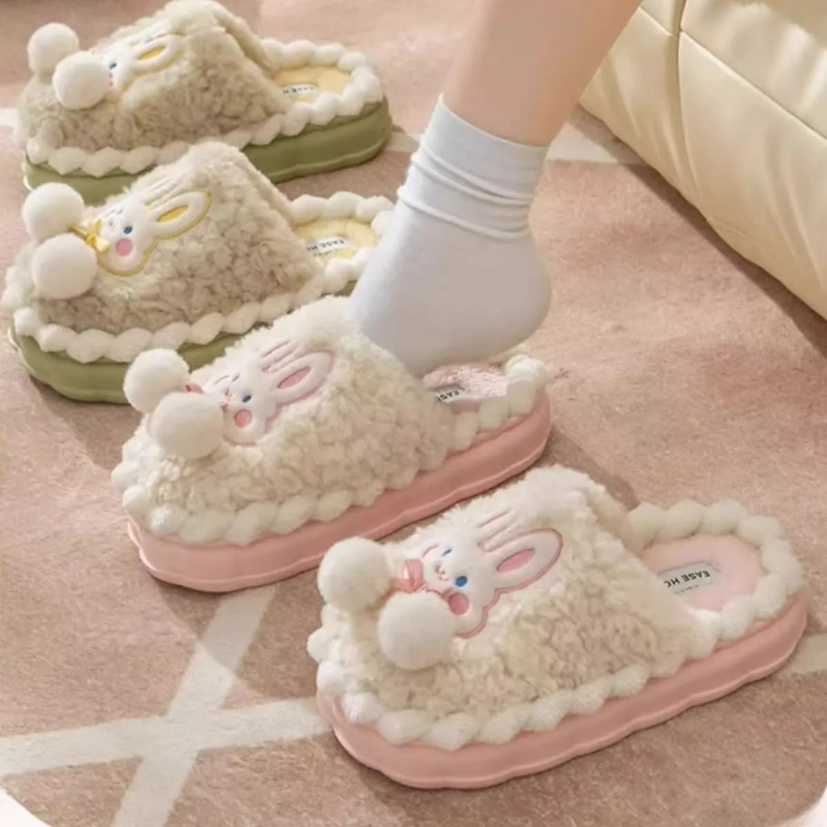 Cute Rabbit Cotton Slippers for Women - Warm Indoor Home Shoes with Thick Sole & Fuzzy Lining | Postpartum Comfort