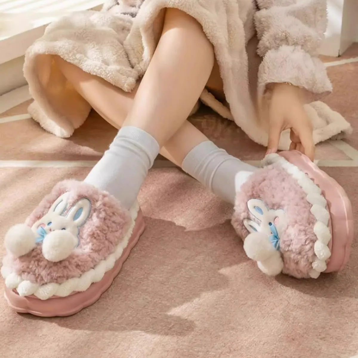 Cute Rabbit Cotton Slippers for Women - Warm Indoor Home Shoes with Thick Sole & Fuzzy Lining | Postpartum Comfort