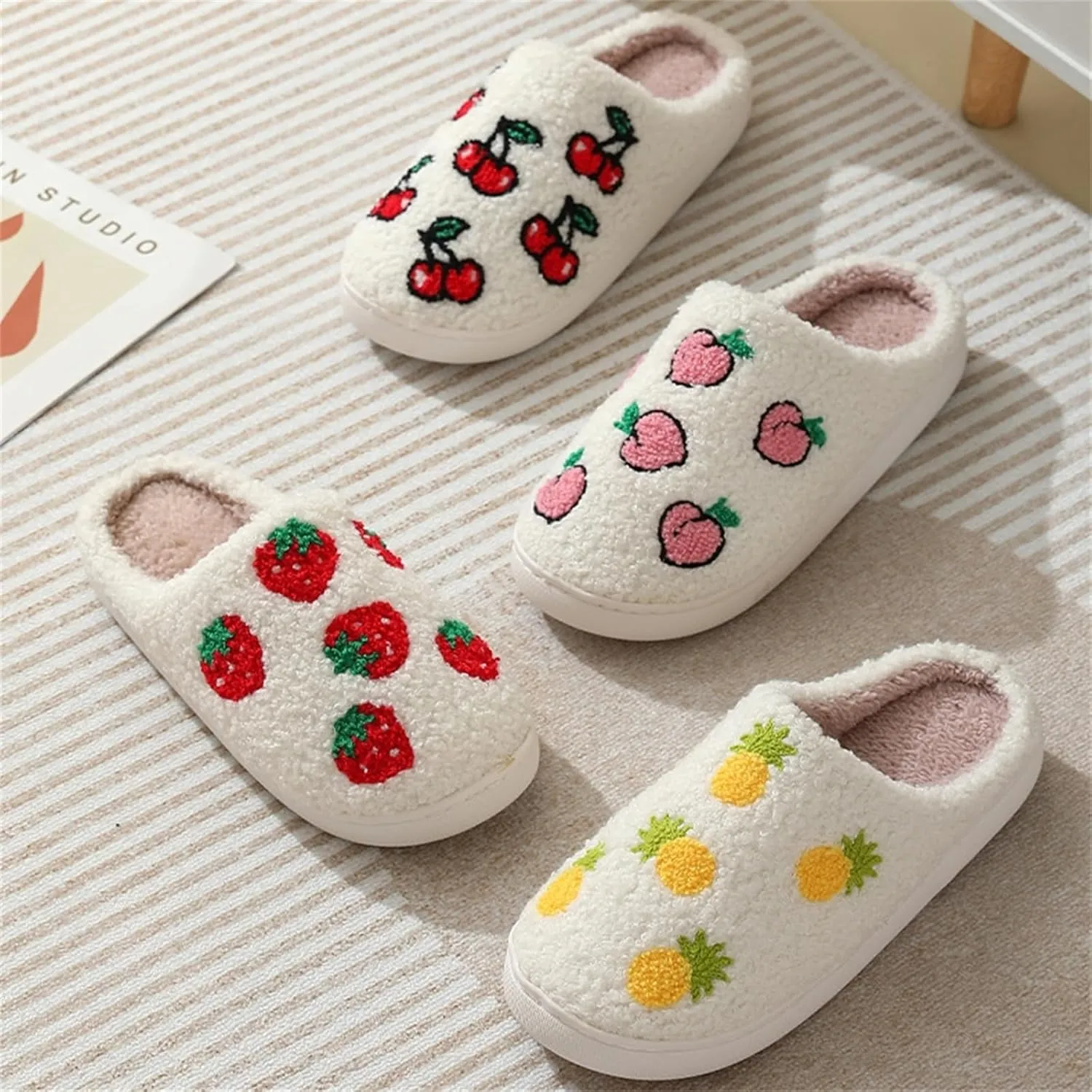 Cute Strawberry Pattern Women's Bedroom Slippers - Warm, Soft, Fuzzy, Non-Slip