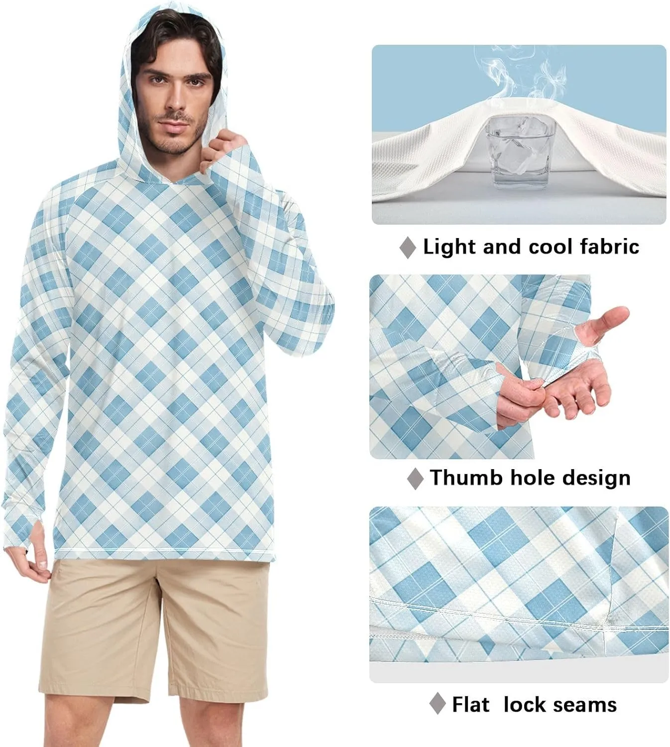 Cyan Gingham Plaid Sun Protection Hoodies Long Sleeve Sun Shirt with Hood UPF 50  Clothing Hood Shirts UV Rashguard for Men