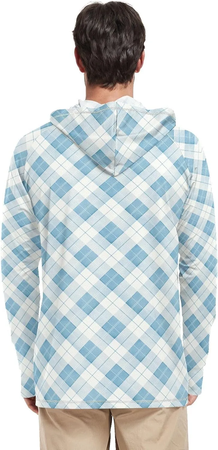 Cyan Gingham Plaid Sun Protection Hoodies Long Sleeve Sun Shirt with Hood UPF 50  Clothing Hood Shirts UV Rashguard for Men