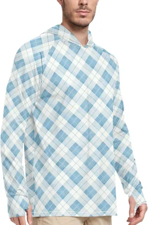 Cyan Gingham Plaid Sun Protection Hoodies Long Sleeve Sun Shirt with Hood UPF 50  Clothing Hood Shirts UV Rashguard for Men