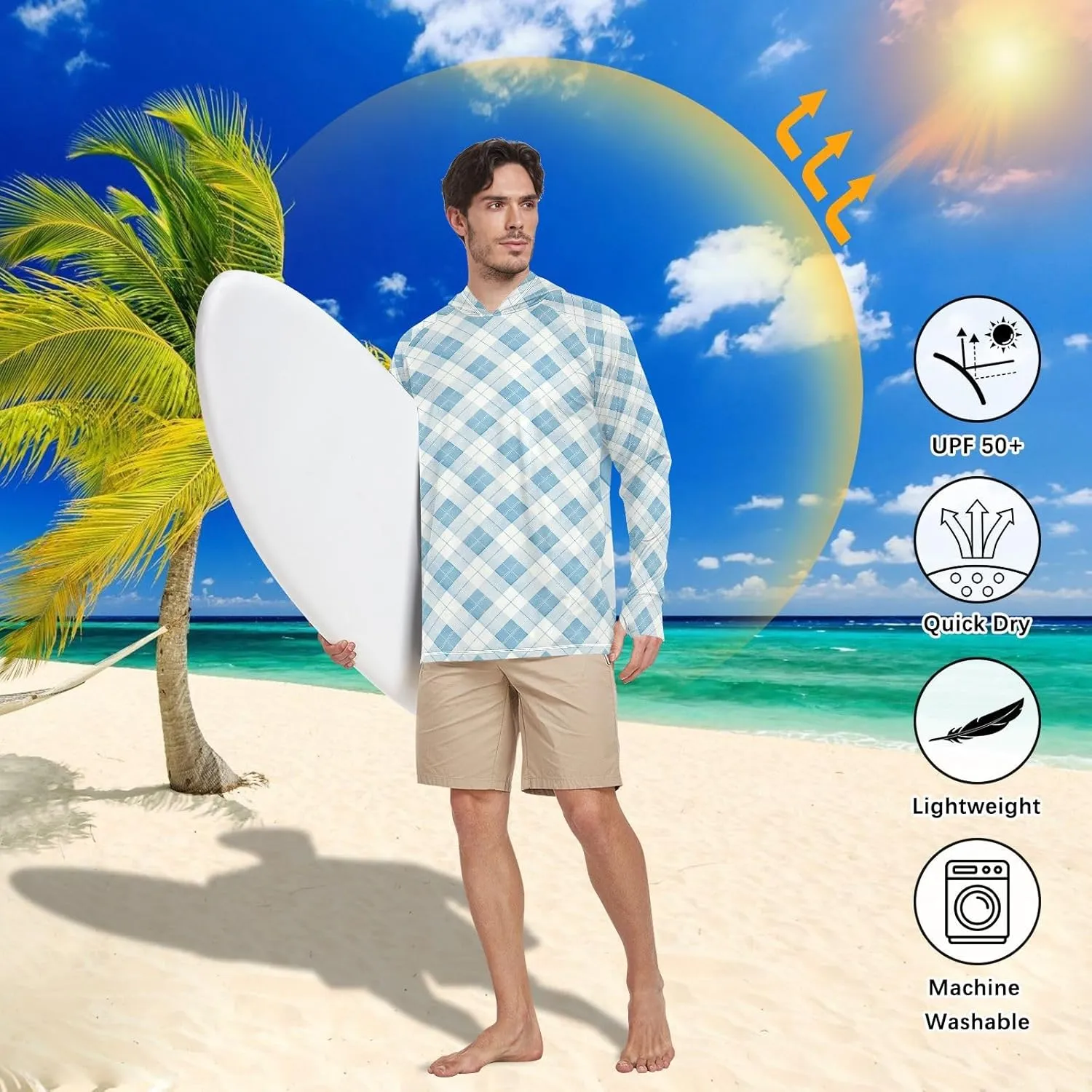 Cyan Gingham Plaid Sun Protection Hoodies Long Sleeve Sun Shirt with Hood UPF 50  Clothing Hood Shirts UV Rashguard for Men