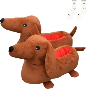 Dachshund & Pug Slippers - Weiner Dog Cartoon Cozy Plush Warm Slip-On House Unisex Slippers
