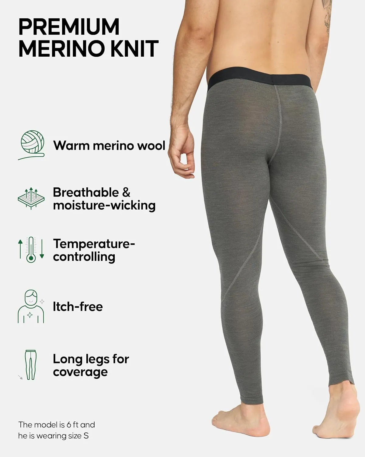 DANISH ENDURANCE Merino Wool Base Layer Pants for Men, Thermal Long Johns