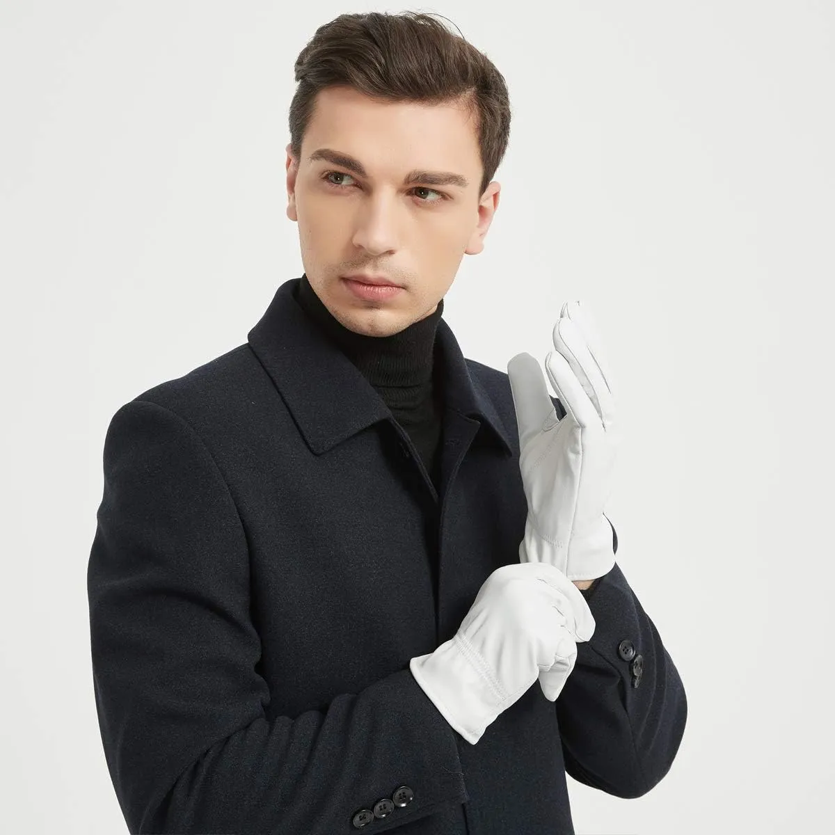 DID Men's Soft Genuine Lambskin Leather Winter Warm Policeman Hunting White Gloves