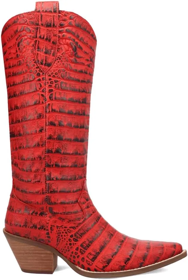 Dingo Womens Ozzie Croc Embossed Snip Toe Casual Boots Mid Calf Mid Heel 2-3" - Brown