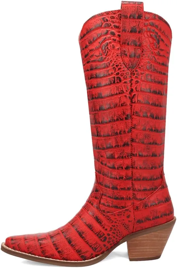 Dingo Womens Ozzie Croc Embossed Snip Toe Casual Boots Mid Calf Mid Heel 2-3" - Brown