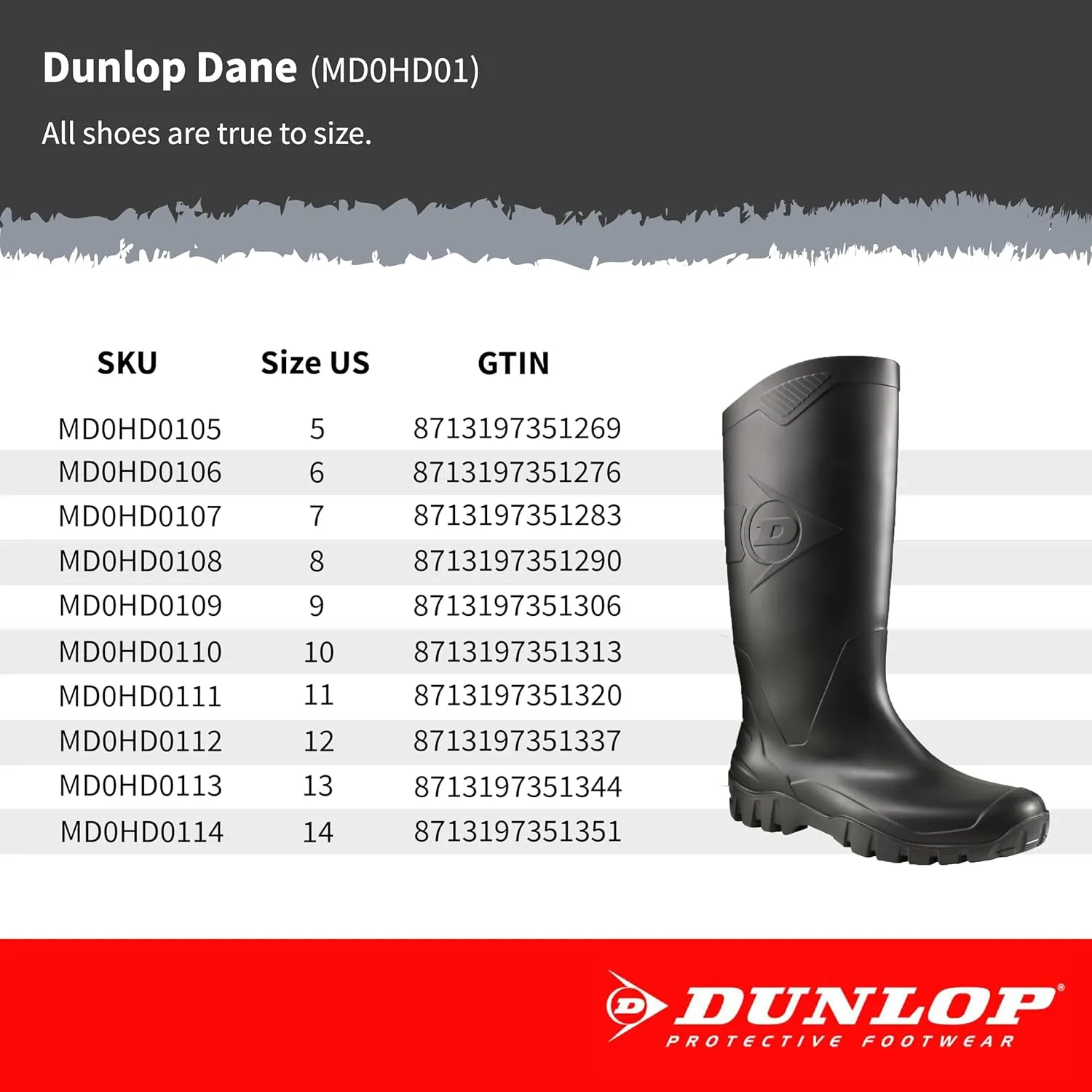 DUNLOP Protective Footwear, Dane, 100% Waterproof PVC, Lightweight and Durable Protective Footwear, MD0HD01.08, Size 8, Black