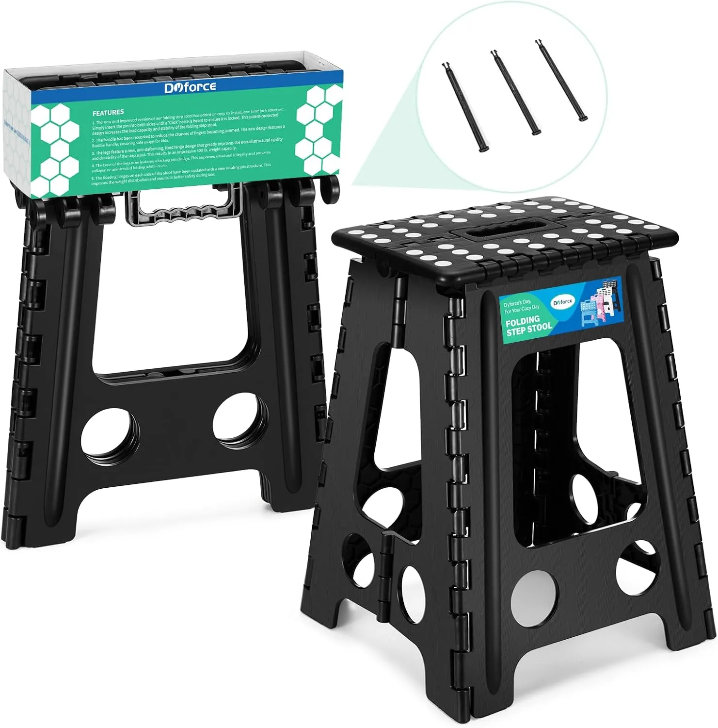 Dyforce 17.5 Inch Folding Step Stool 400lbs Capacity Sturdy Plastic Foldable Step Stools for Adults Stepping Stool with Handle Easy to Carry Handle Folding Stool Ideal for Kitchen (Black 1PC)