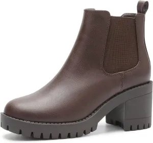 EETTARO Women's Fashion Chunky Heel Ankle Boots Lug Sole Elastic Chelsea Boot Ladies Round Toe Slip on Shoes