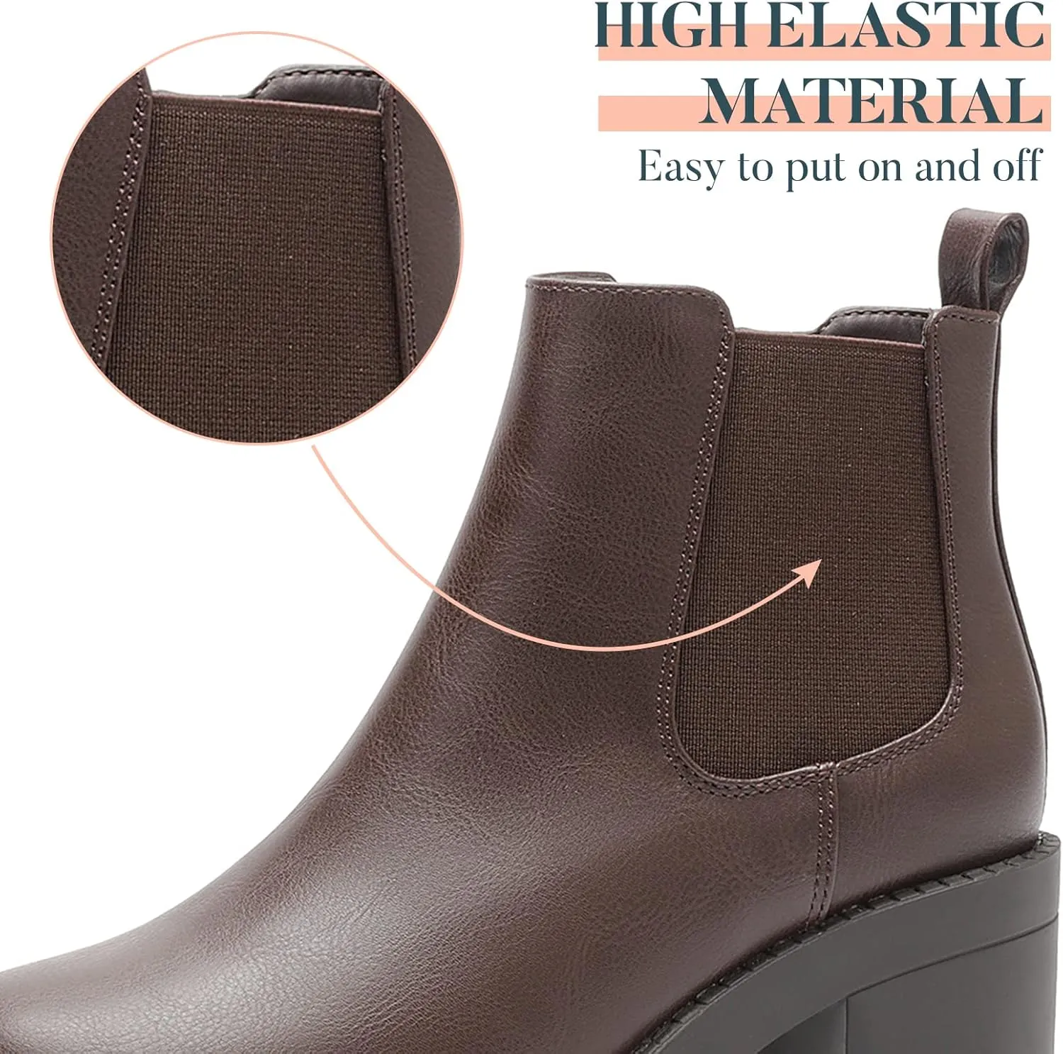 EETTARO Women's Fashion Chunky Heel Ankle Boots Lug Sole Elastic Chelsea Boot Ladies Round Toe Slip on Shoes