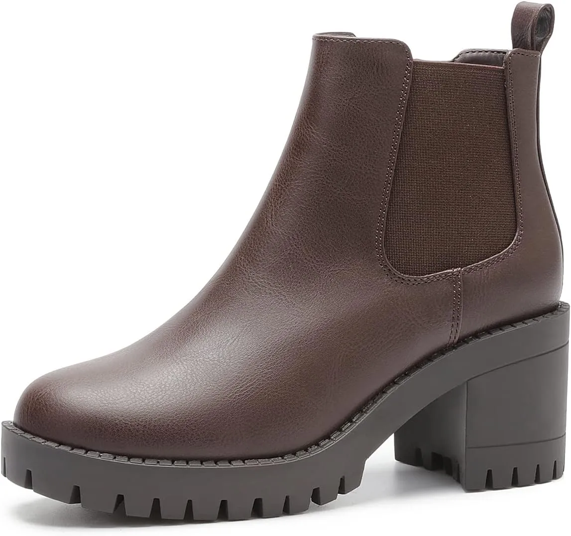 EETTARO Women's Fashion Chunky Heel Ankle Boots Lug Sole Elastic Chelsea Boot Ladies Round Toe Slip on Shoes