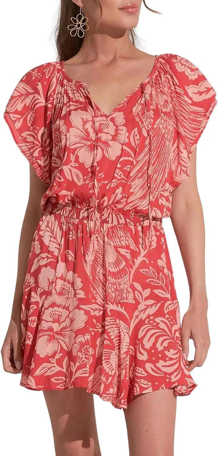 ELAN Women's Short Sleeve Elastic Waist Flowy Mini Dress