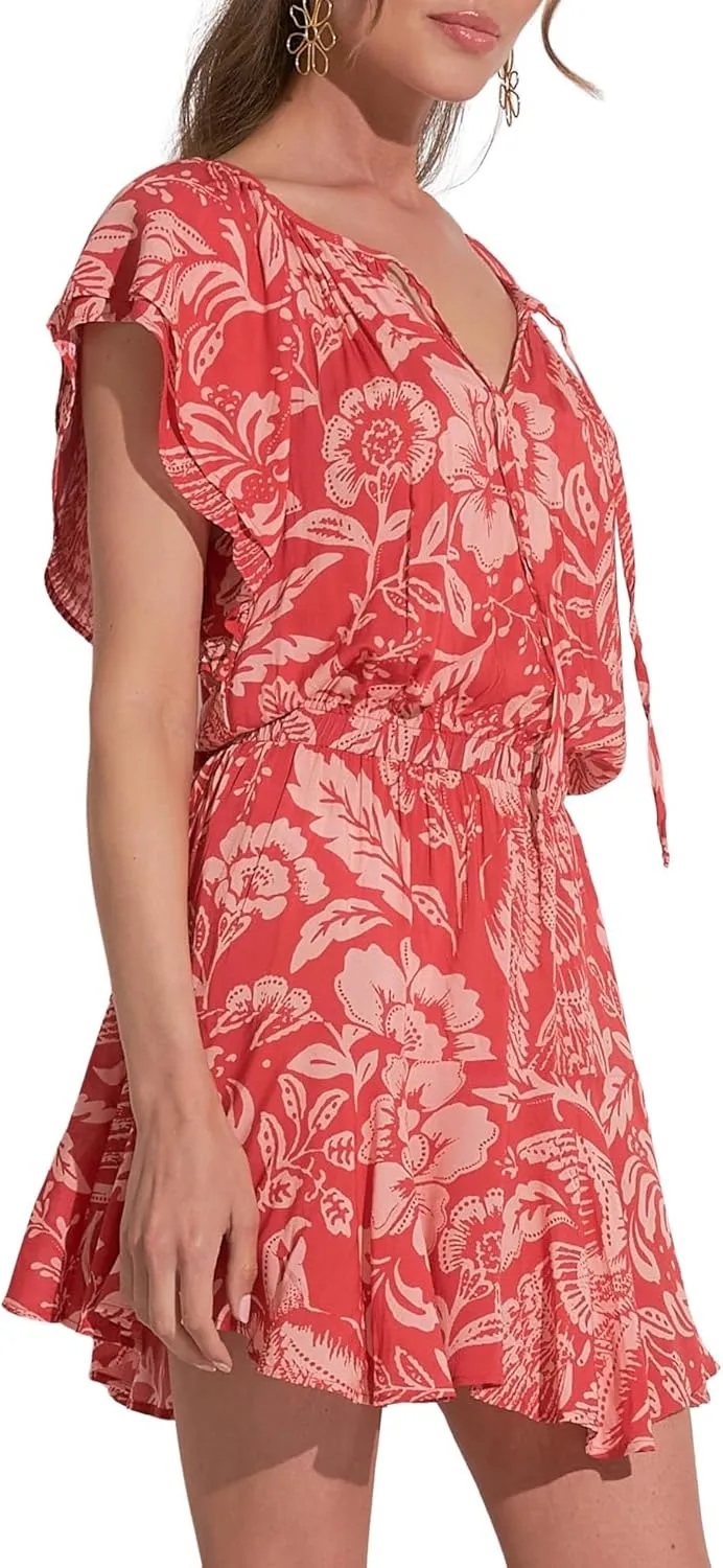 ELAN Women's Short Sleeve Elastic Waist Flowy Mini Dress