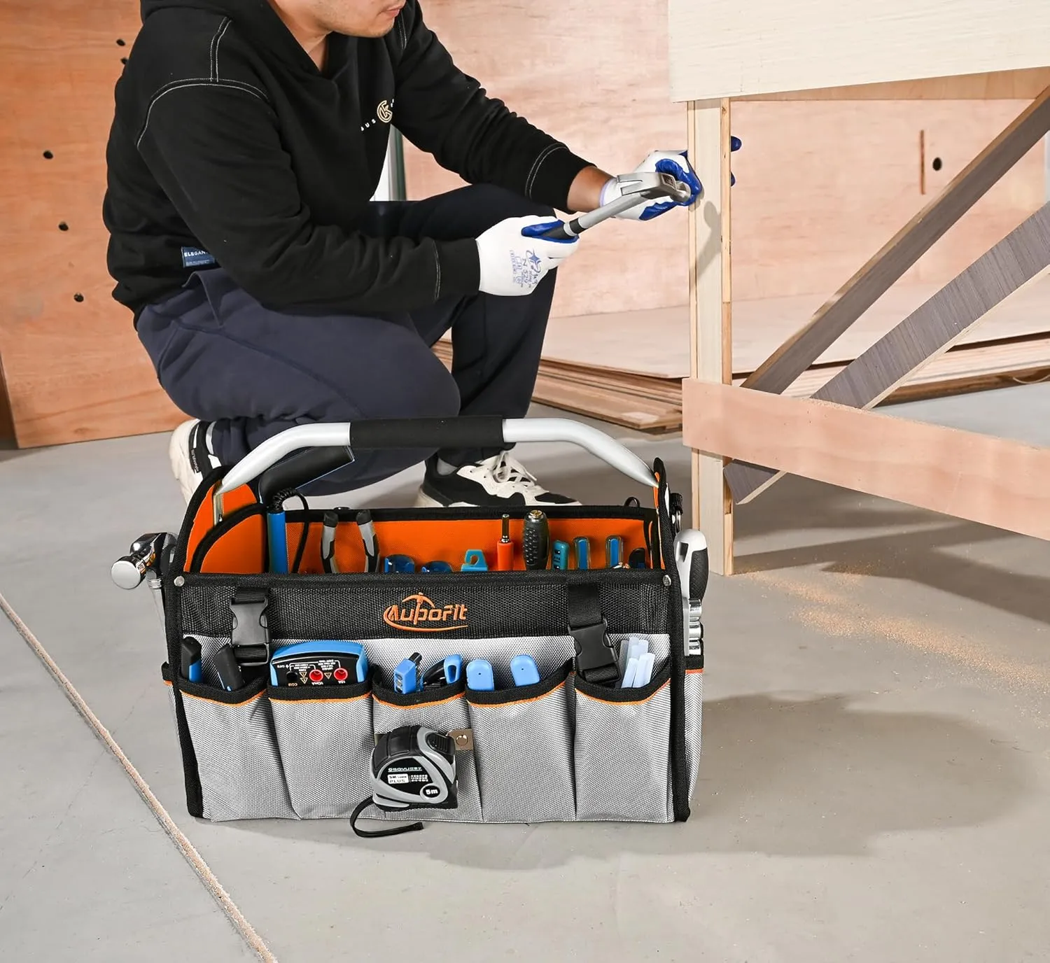 Electrician Tool Bag, 16 In Open Top Tool Bags Heavy Duty Tool Tote Bag with Handle (Orange-Gray)