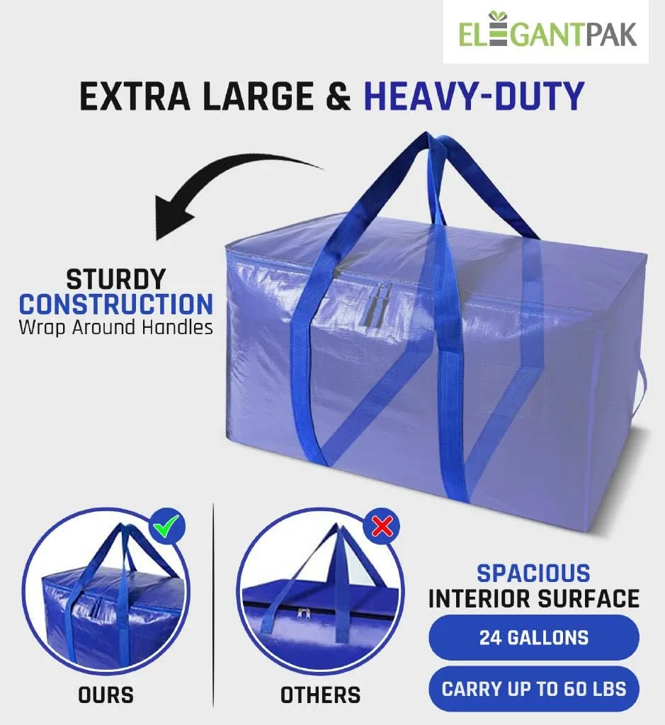 ElegantPak 2 Pack Extra Large Heavy-Duty Moving Bags with Carrying Handles & Zippers, Storage Tote for Space Saving, Folds Flat