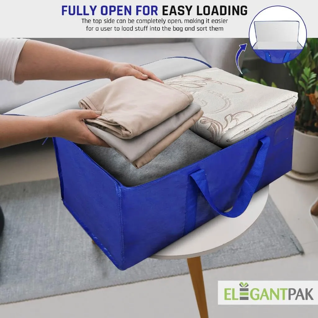 ElegantPak 2 Pack Extra Large Heavy-Duty Moving Bags with Carrying Handles & Zippers, Storage Tote for Space Saving, Folds Flat