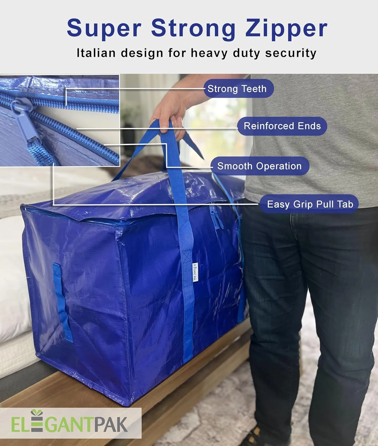 ElegantPak 2 Pack Extra Large Heavy-Duty Moving Bags with Carrying Handles & Zippers, Storage Tote for Space Saving, Folds Flat