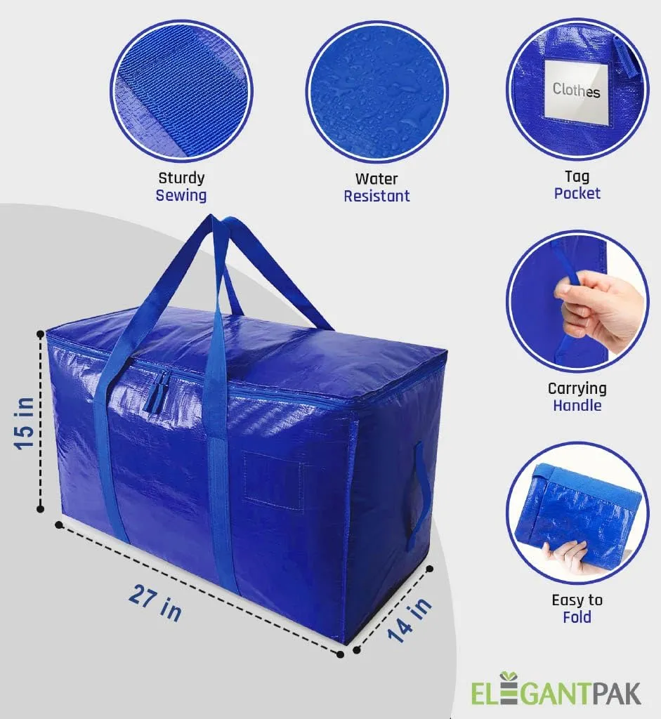 ElegantPak 2 Pack Extra Large Heavy-Duty Moving Bags with Carrying Handles & Zippers, Storage Tote for Space Saving, Folds Flat