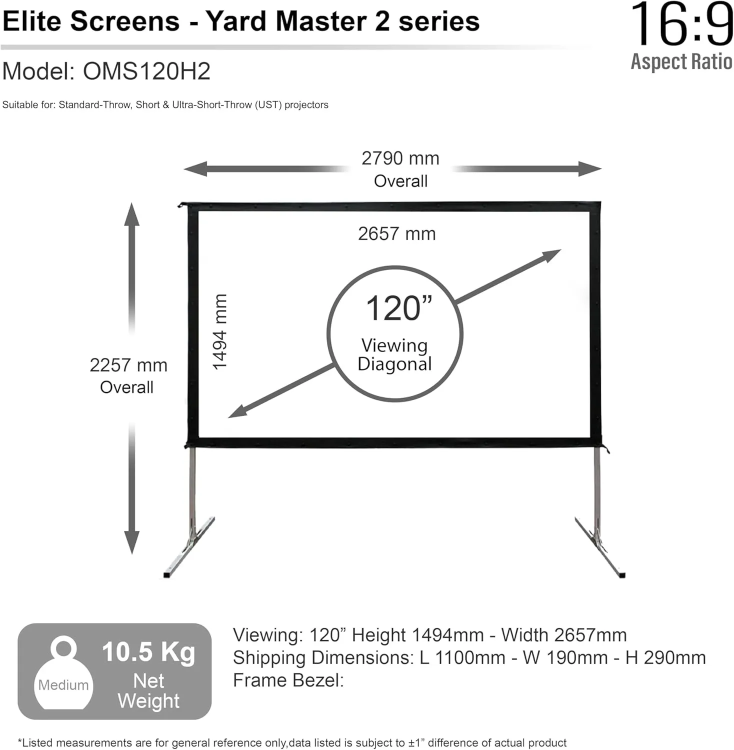 Elite Screens 120-INCH Projector Screen|Outdoor Indoor Movie Screens|16:9 Freestanding Portable Foldable ProjectionStand|Home Theater, OMS120H2