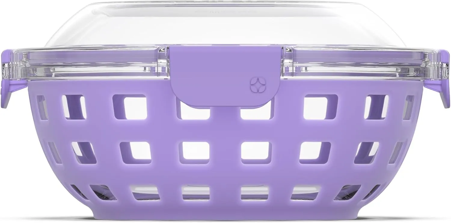 Ello DuraGlass Food Storage Glass Lunch Bowl Container - Meal Prep Container with Silicone Sleeve and Airtight Lid, 5 Cup, Lilac