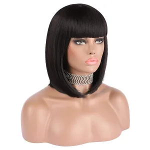eNilecor Short Black Bob Wigs, 12" Straight with Flat Bangs Synthetic Colorful Cosplay Daily Party Wig for Women Natural As Real Hair  Free Wig Cap (Black)