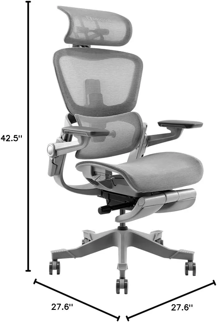 Ergonomic Office Chair with Foot Rest - Comfy Home Office Desk Computer Chair, Comfortable Mesh Seat with Adjustable Back Support, Swivel Wheels, Flip-up Arms, for Work Gaming Study (Gray, Standard)