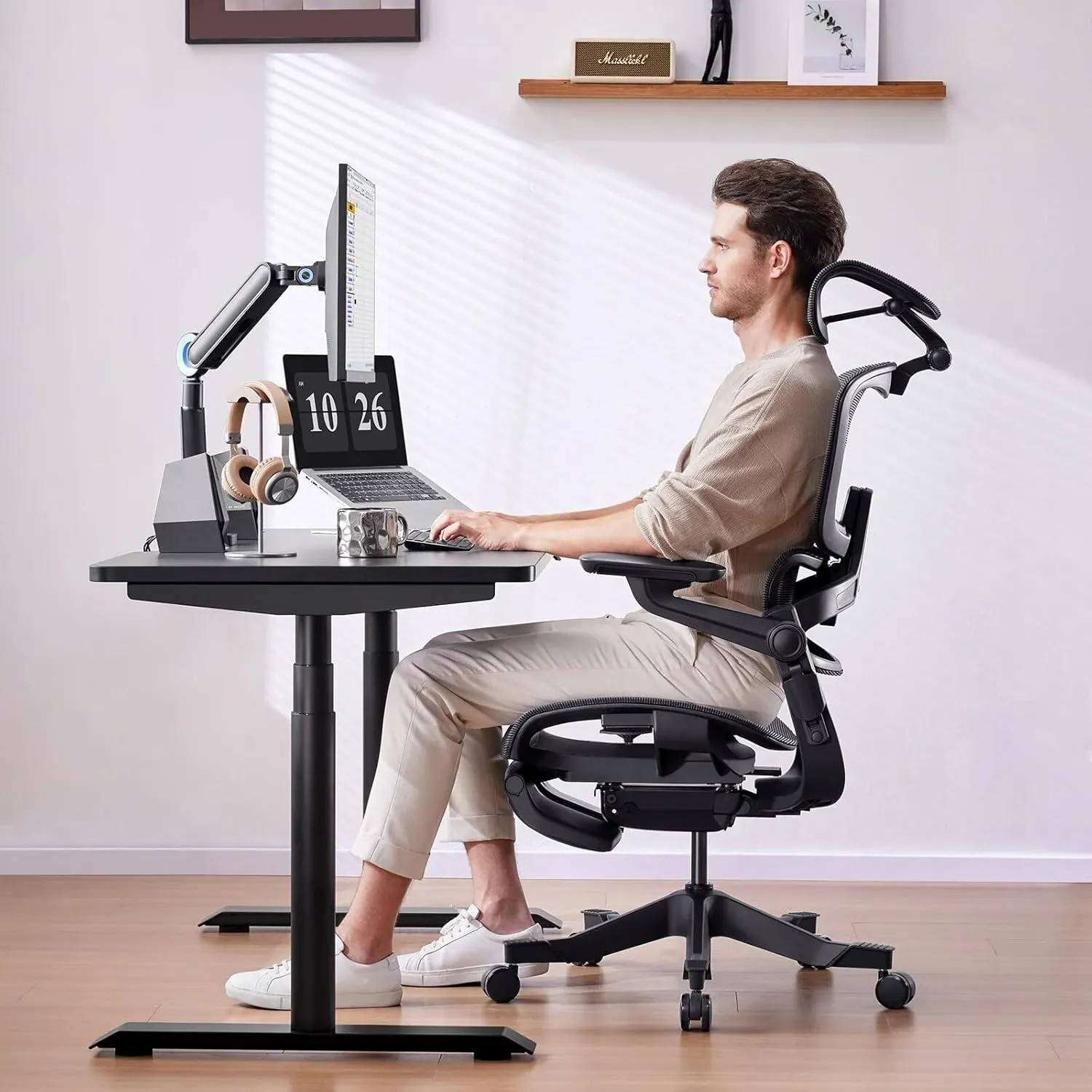 Ergonomic Office Chair with Foot Rest - Comfy Home Office Desk Computer Chair, Comfortable Mesh Seat with Adjustable Back Support, Swivel Wheels, Flip-up Arms, for Work Gaming Study (Gray, Standard)