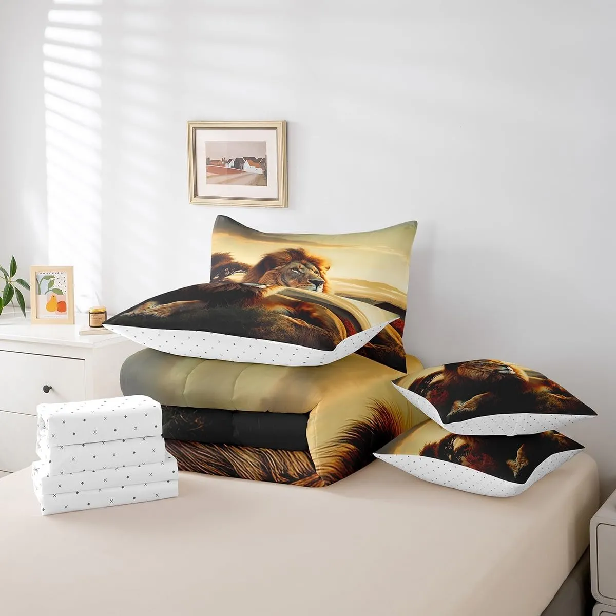 Erosebridal Lion King Comforter Set 7 Piece 3D Lion Bedding Set for Kids Adults Men Wildlife Bed in A Bag Grassland Animal Reversible Bedding Comforter Sets Lightweight for All Season