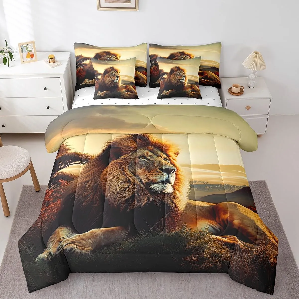 Erosebridal Lion King Comforter Set 7 Piece 3D Lion Bedding Set for Kids Adults Men Wildlife Bed in A Bag Grassland Animal Reversible Bedding Comforter Sets Lightweight for All Season
